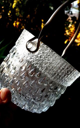 Vtg MCM Scandinavian Art Glass Ice Bucket w Handle No Maker Dripping Ice 4