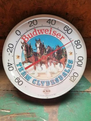 Budweiser Team Clydesdale Beer Thermometer Jumbo Dial 1987 12 "