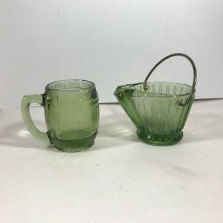 Vintage Green Glass Coal Bucket Ashtray And Beer Barrel Shot Glass