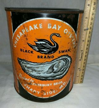 Antique Chesapeake Bay Black Swan Oyster Tin Litho Gal Can Shady Side Md Seafood