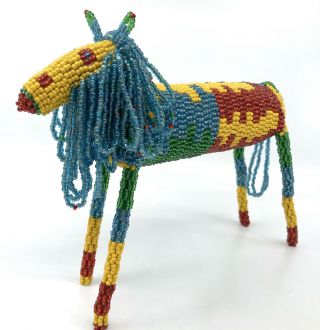African Glass Seed Bead Art Figurine 7in Lion Rasta Ass Donkey Horse Rainbow