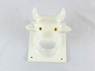 Vintage Ceramic Cow Wall Ornament Hook Large White Steer Towel Yellow Eyes