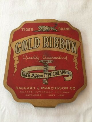 Vintage Gold Ribbon Metal Tin Sign Tiger Brand Coil Spring Red Gold Graphics Ad