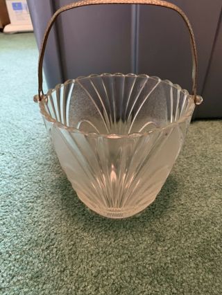 Vintage Clear Glass Ice Bucket Swirled Design With Metal Handle