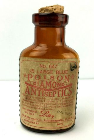 Vintage Empty Diamond Antiseptic Poison Amber Bottle W Cork,  Skull & Crossbones