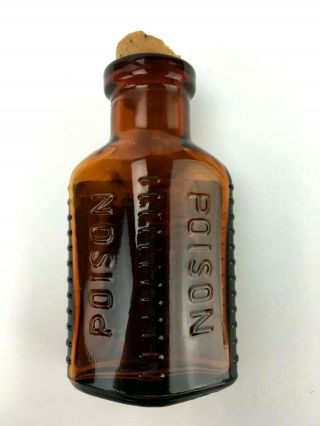 Vintage Empty Diamond Antiseptic Poison Amber Bottle w Cork,  Skull & Crossbones 2