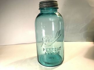 Vintage 1910 1923 Ball Perfect Mason Blue 1/2 Half Gallon Canning Jar & Lid 6