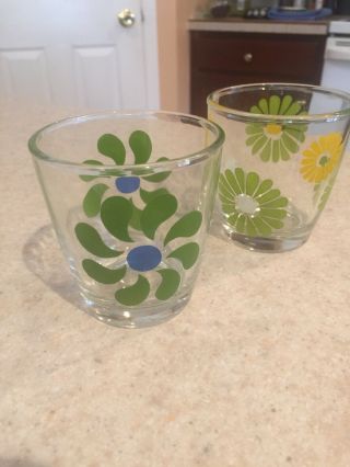Rare Pair Vtg Mid - Century Atlas Jelly Jar Juice Glasses W/ Flower Design 1/2 Pt