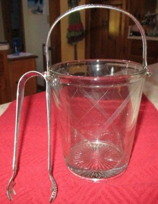 Vintage Clear Glass Ice Bucket W/handle&gorham Plate Tongs,  6 " Tall