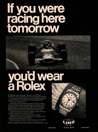 1970 Rolex 18k Gold Datejust Watch Formula 1 Grand Prix F1 Race Car Print Ad