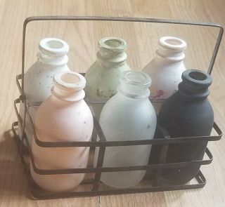 Set Of 6 Vintage Glass Milk Jugs With Carrying Crate