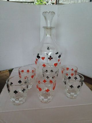 Vintage Playing Card Graphics Glass Decanter W/ 6 - Shot Glasses Made In France
