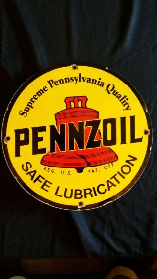 Vintage Pennzoil " Safe Lubrication " Porcelain Gas / Oil Pump Sign