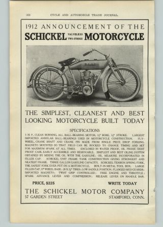 1911 Paper Ad 1912 Schickel Two Stroke Motorcycle 5 Hp $225 Stamford Conn