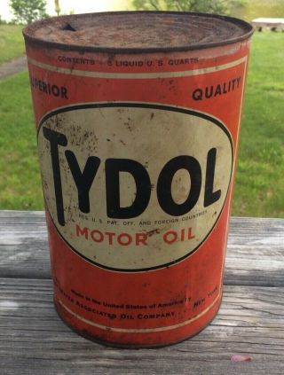 Vintage 5qt Tydol Motor Oil Tin Can Sign Old Service Gas Station