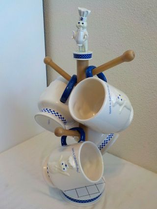 4 Pillsbury Doughboy Cups Mugs " Have A Grand Day " With A Holder Tree