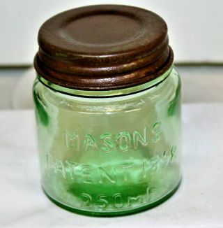 Antique Style Green Mason Patent 1858 250 Ml Half Pint Canning Fruit Jar