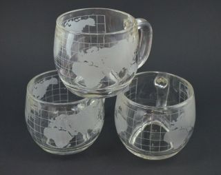 Nestle Nescafe Globe Set Of 3 Mug Cup World Map Frosted Coffee Glass Clear Vtg