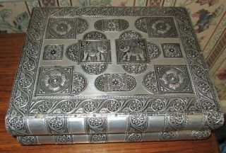 Vintage India Silver Tin Metal Jewelry Box Case Looks Like A Book W/elephants