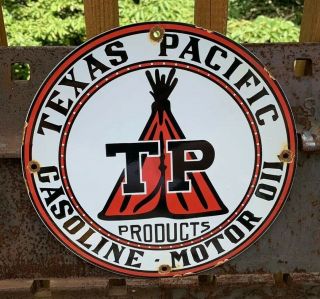 Vintage Texas Pacific Gasoline 11 3/4 " Porcelain Gas & Oil Sign Pump Plate