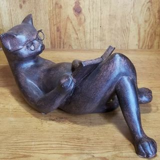 Vintage Youngs Inc Resin Cat Wearing Glasses Reading Book 12 " L Figurine