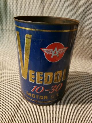 Tidewater Veedol Metal Tin 5 Five Quart Motor Oil Can 10 - 30 Flying A