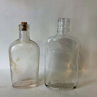 2 Vintage Glass Whiskey Bottles Flasks Old Crow Warranted Flask