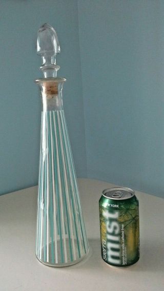 Vintage Mid - Century Modern Liquor Decanter Bottle W/ Cork Stopper Striped Glass