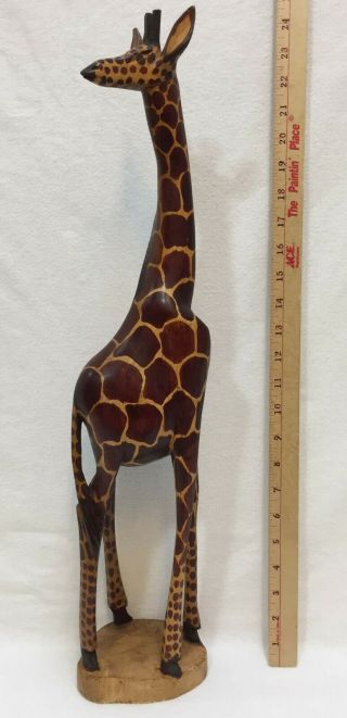 Giraffe Wooden Sculpture Figurine Carved Wood Stain Spots 24 " Tall Safari Zoo