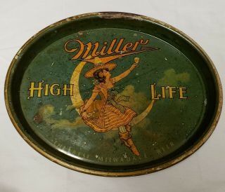 Antique 40s Miller Beer High Life Girl On Moon Oval Rare Vtg Distressed Tray
