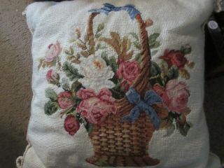 Pillow Basket Full Of Roses Handcrafted Petit Needlepoint
