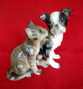 Rare Heartwarming 6 " H Vintage Ceramic Boston Terrier Dog & Cat Figurine C1960