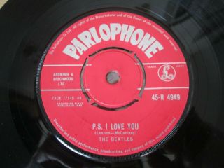 THE BEATLES.  LOVE ME DO/PS I LOVE YOU.  RED PARLOPHONE 45 - R4949.  WOL VG - - PLAYS WELL 3