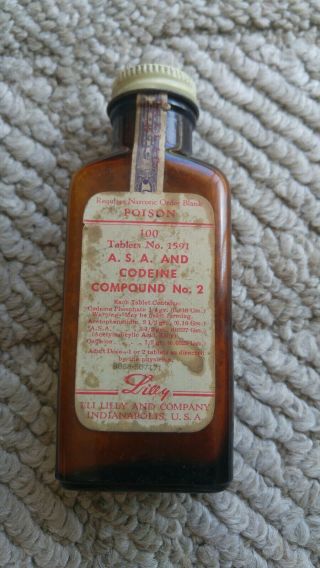 Vintage Lilly Codeine Compound No.  2 Amber Bottle 100 Tab.  No.  1591 5 " Poison