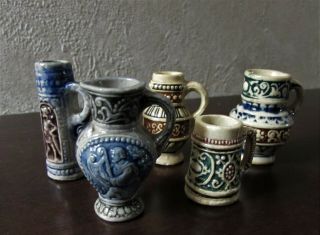 Antique Miniature German Mettlach Stoneware,  Salt Glaze Steins,  Pitchers,  Jugs