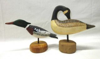 2 Miniature Hand - Carved Wooden Duck Decoys Signed By Lee