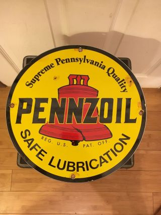 Pennzoil " Safe Lubrication " Porcelain Gas / Oil Pump Sign