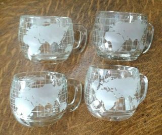 4 Vintage Nestle Nescafe Etched Clear Glass World Globe Coffee Mugs/cups Ec