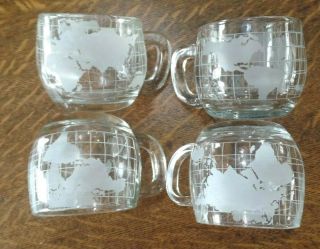 4 Vintage NESTLE NESCAFE Etched Clear Glass World Globe Coffee Mugs/Cups EC 4