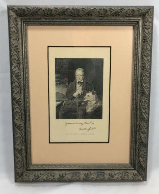 Antique Framed Print Sir Walter Scott And Irish Wolfhound Dog