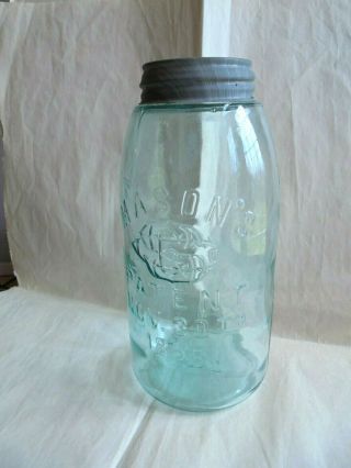 Antique Aqua Half - Gallon Mason Patent 1858 Fruit Jar With Swayzee Glass Monogram