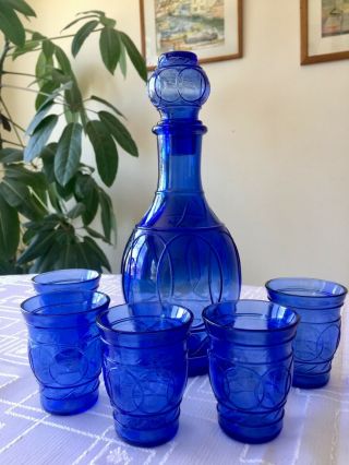 Vintage Blue Glass Decanter With Stopper And 5 Glasses