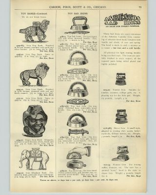 1905 Paper Ad Cast Iron Banks Dog Lion Black Man " Negro " Bell Toys Push Pull
