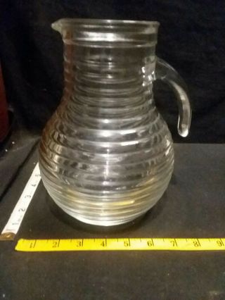 Vintage Heavy Clear Glass Ribbed Beehive Retro Pitcher - Made In Italy