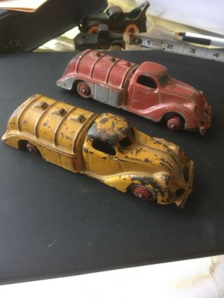 Hubley 1930s (2) Cast Iron Toy Gasoline And Oil Tank Trucks Red & Yellow