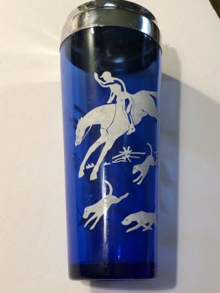Mid Century Modern Cobalt Blue Fox Hunting Scene - Dogs Cocktail Shaker W - Horses