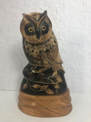 Hand Carved Buffalo Horn Owl Sculpture Vintage Figurine With Wood Base 7” 16k