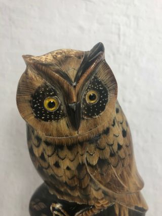 Hand Carved Buffalo Horn Owl Sculpture Vintage Figurine With Wood Base 7” 16K 2