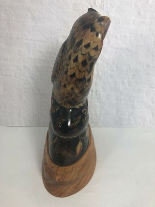 Hand Carved Buffalo Horn Owl Sculpture Vintage Figurine With Wood Base 7” 16K 3