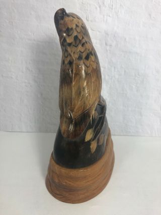 Hand Carved Buffalo Horn Owl Sculpture Vintage Figurine With Wood Base 7” 16K 5